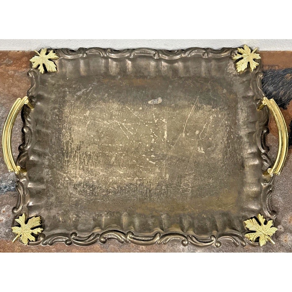 Vtg Silver Plated Serving Tray w/ Gold Tone Handles & Leaf Accents 16x10 Decor